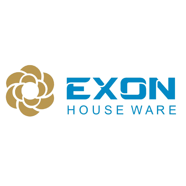 Logo for EXON HOUSE WARE featuring a golden circular emblem and blue text on a dark green background.