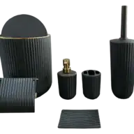Hamara Zebra black wave-patterned bathroom set, including a trash can, soap dispenser, toothbrush holder, toilet brush, toilet paper holder, and soap dish.